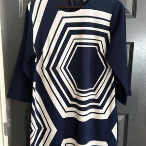 Ann Taylor Graphic Long Sleeve Dress L- Navy & White